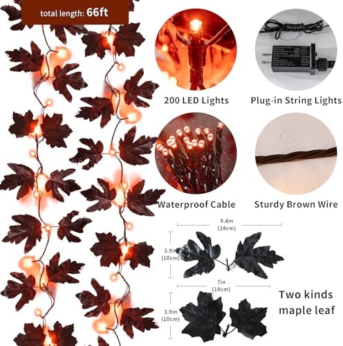 66ft Handmade 200 LED Halloween Garland,Artificial Maple Leaves String Lights Decor for Thanksgiving Fall Garland Decor lighted garland for Firepalce Winter Holiday Indoor Outdoor Room Autumn Harvest