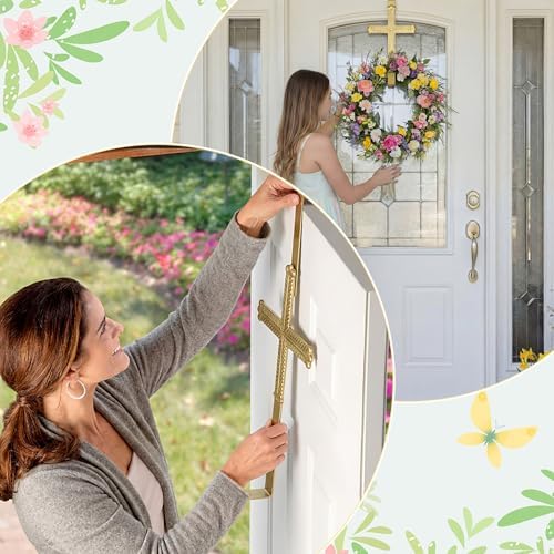 Frienda 15.7" Metal Gold Cross Wreath Hanger for Front Door Wreath Hooks