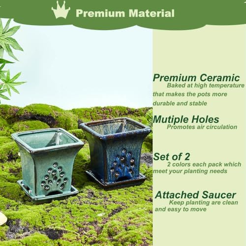 Ceramic Orchid Pots with Holes attached Saucers 4.8 Inches - Set of 2 Small Square Orchid Pots for Repotting, Decorative Ceramic Orchid Planter with Hole for Healthy Root Growth Blue and Green