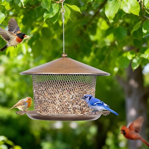 Bird Feeder for Outdoor Metal Hanging 9.8" Roof 4.5 LBs Capacity