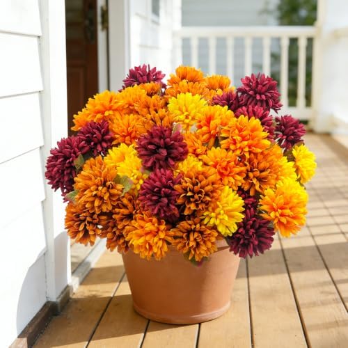 Fake Mums Flowers for Outdoors, 6 Pack 30 Heads Artificial Chrysanthemums Silk Fall Flower for Autumn Wedding Table Front Porch Halloween Diwali Cemetery Indoor Outside Decor (Burgundy)