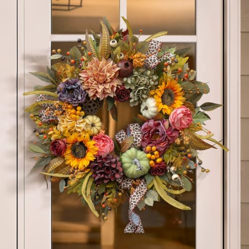 Fall Wreaths for Front Door 24 Inch Autumn Wreath with Pumpkins, Sunflowers