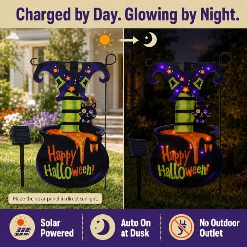 Halloween Lighted Garden Flag, Solar Witch Legs Cauldron Decor, 12 x 18 in