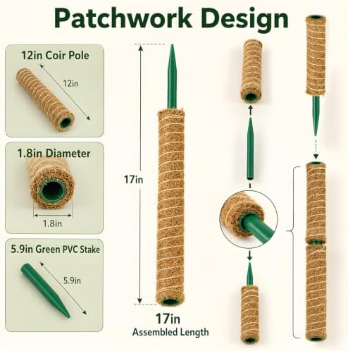 Moss Pole for Monstera, 4 Pack 16in Stackable Plant Support