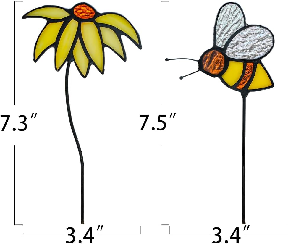 Sun Flower Decor Stained Glass Suncatcher,Bee Decor Stained Glass Plant Stake Insert in Pots Suncatcher,Vase Decor,Sun