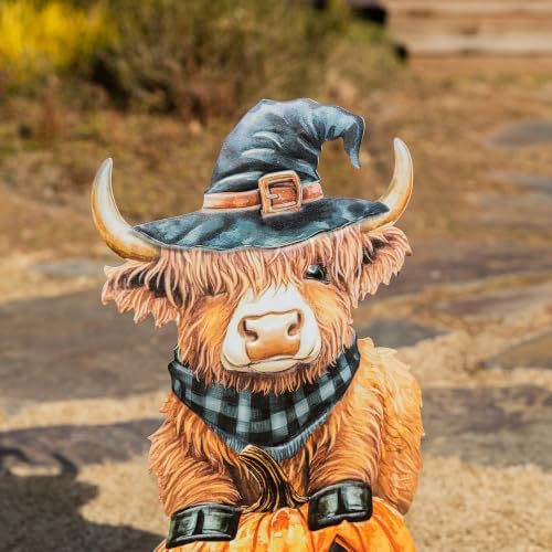 Glitzhome 30" Halloween Decorations Outdoor – Metal Highland Cow Yard Stake Wearing Witch Hat & Plaid Bandana, Handcrafted Iron Painted Lawn Ornament for Garden, Grave or Pathway