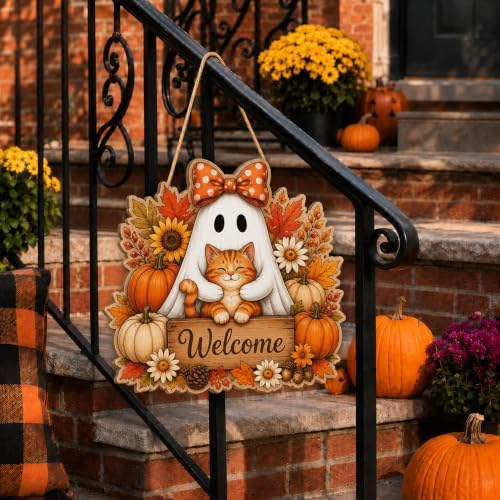 Halloween Door Wreath, Wooden Ghost Cat Welcome Door Wall Sign