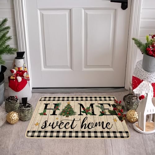 ORTIGIA Christmas Tree Doormat Home Sweet Home Indoor Outdoor Patio Winter Welcome Door Mats Large 17x36 INCH Non-Slip Durable Entrance Mat for Home Entrance Outside Entry Yard Floor Patio