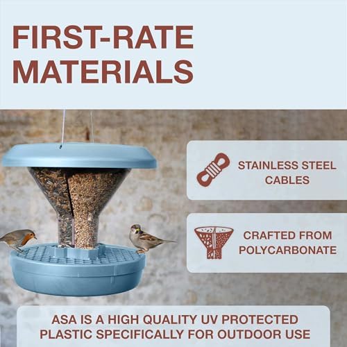 SWISSINNO Bird Feeders - No Mess Hanging Bird Feeder for Outdoors - Smart Birds Davos Spill Proof Wild Cardinal & Small Bird Feeder with Integrated Seed Catcher Tray - Dual Chamber - Light Blue