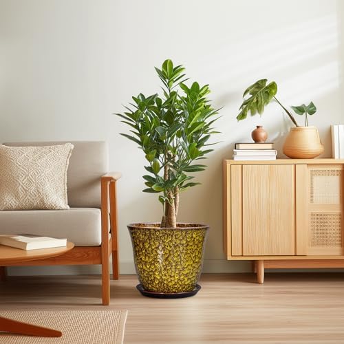 12 Inch Plant Pot - Ceramic Pots for Plants with Drainage Hole and Saucer, Round Planter for Indoor Outdoor, Large Flower Pots, Modern Planter, Patio House Decor, Plant Lovers Gifts, Yellow