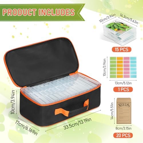 15 Slots Seed Storage Box with 20 Seed Envelopes, Large Capacity Seeds Organizer Container with Zipper Bag Label Stickers, Seeds Saving Container for Garden Vegetable and Flower (Orange)