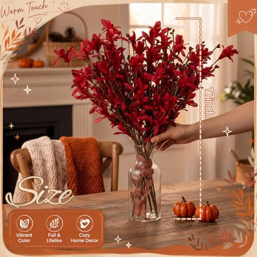 Yinder 12pcs Burgundy Fall Flowers 17inch Winter Jasmine Artificial Floral Picks Fake Flower Stems for Autumn Harvest Festival Thanksgiving Day Flower Arrangement Centerpieces