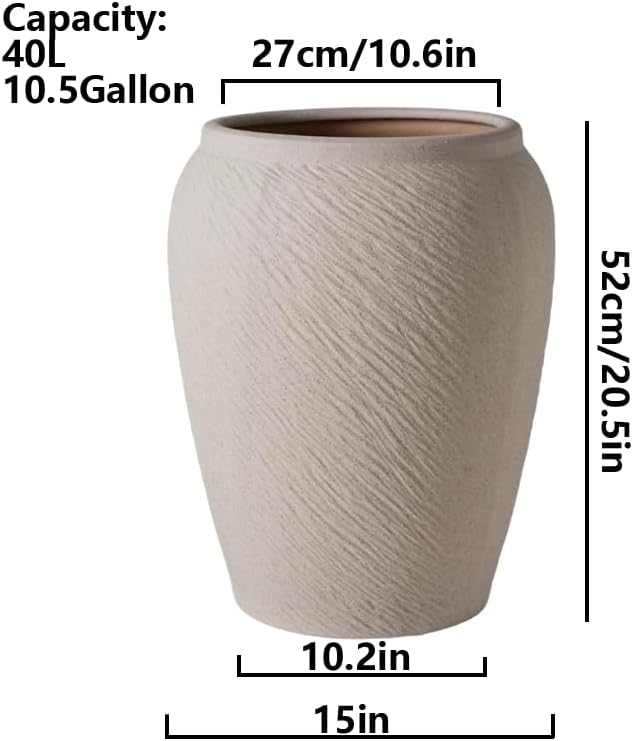 VISIBLE Large Round Ceramic Planter Pot, Beige, Radish Stripes Shape, 10.6 Inch Opening, 20.5 Inch Tall, Indoor Outdoor