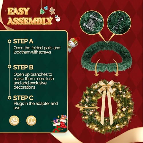 VINGLI 48 Inch Prelit Christmas Wreath Front Door Decor Plug in LED