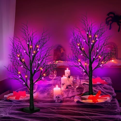 Halloween Decorations Indoor 2 Pack 24 Inch Black Halloween Tree with 48 Orange Purple Led Lights, Timer/USB/Battery Operated Lighted Tabletop Spooky Tree for Table Home Office Party Decor