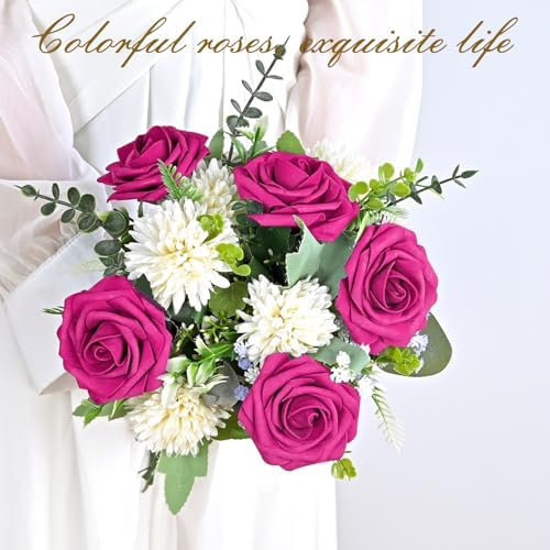 BLEUM CADE 16Pcs Artificial Flowers Fake Foam Roses with Stems for Wedding