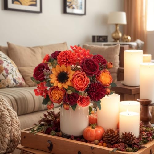 4 Pcs Mixed Autumn Artificial Peony Flower Set-2 Bouquets & 2 Stems, Burnt Orange Wine Red Fake Peony Sunflower Silk Flower for Fall Table Centerpiece Farm Wedding Thanksgiving Halloween Home Decor
