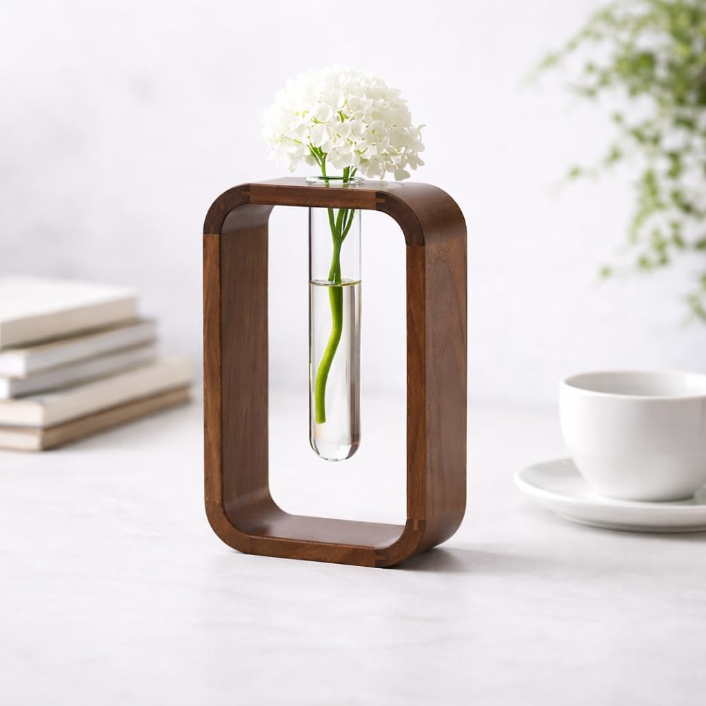 Modern Wooden Frame Glass Vase Hydroponic Planter – Minimalist Square Propagation Station with Test Tube Vase – Indoor