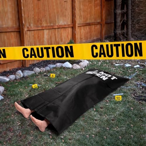 5.4ft Halloween Dead Victim Prop in Bag Outdoor Decoration: Scary Fake Corpse with Caution Tape,Bloody Footprint & Handprint Floor Clings for Haunted House Party Decor (Assembly Required)