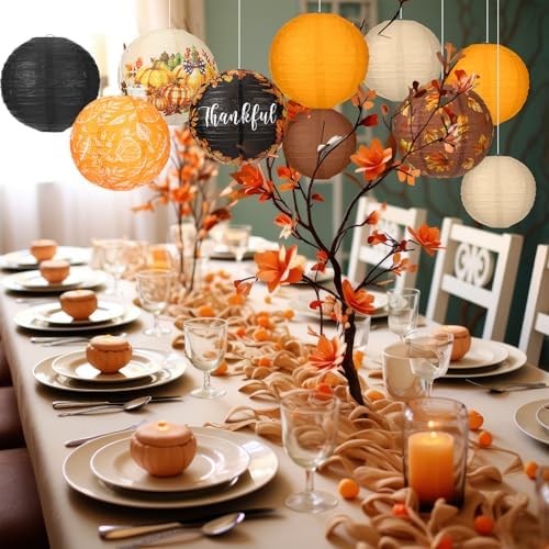 Bencailor 16 Pcs Fall Paper Lanterns Fall Party Paper Lanterns Thanksgiving Orange Pumpkin Fresh Round Thankful Maple Leaves Hanging Party Decorations for Autumn Harvest Outdoor Decor