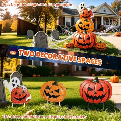VCUTEKA Halloween Outdoor Pumpkin Stake Yard Sign, 3PCS Garden Stake Decor