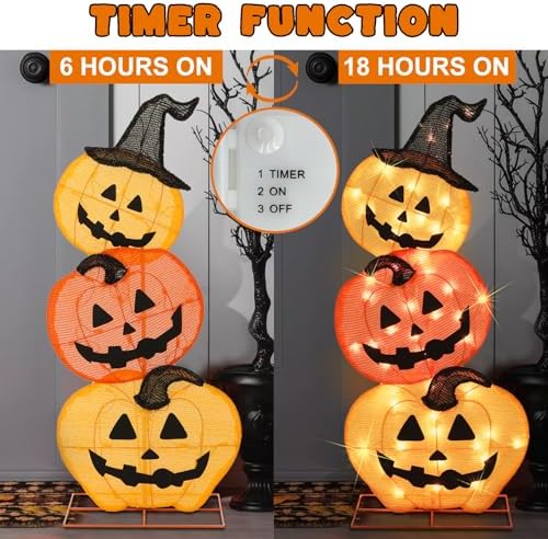 Halloween Lighted Stacked Pumpkins Decoration, Pre-Lit with 50 Warm White Lights Jack-O-Lantern Pumpkins Lights, Halloween Light Up Pumpkin for Indoor, Outdoor, Porch, Yard, 39’’ H