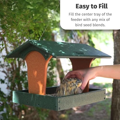 DutchCrafters Plastic Poly Covered Roof Hanging Fly Through Bird Feeder Open Side Platform Seed Tray for Outside Outdoor Garden - Amish American Made in USA (Turf Green & Cedar)
