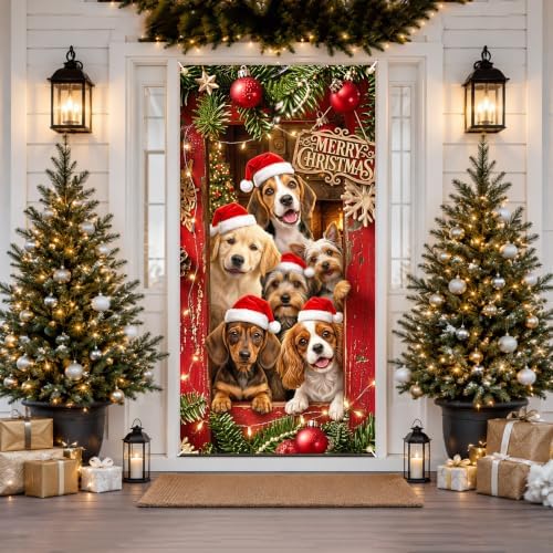 Christmas Door Banner 35.43 x 70.87 inches, pet-themed door cover, perfect for front doors and porch entrances, seasonal Christmas welcome decoration