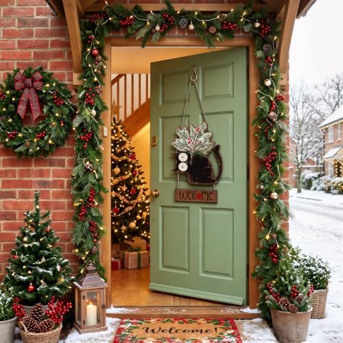 Yookeer Christmas Door Decorations Cat Snow Pine Branches Welcome Door Sign Hanger Wreath Wooden Christmas Cat Farmouse Rustic Wreath Hanging Decor for Xmas Home Porch Window Wall