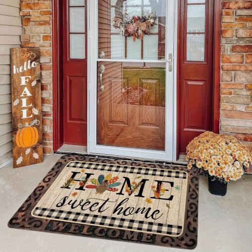 ORTIGIA Thanksgiving Turkey Doormat Home Sweet Home Indoor Outdoor Patio Fall Autumn Welcome Door Mats Non-Slip Durable Entrance Mat for Home Entrance Outside Entry Yard Floor Patio 17x36 INCH