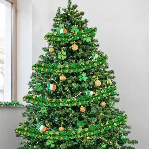 Yuubin St.Patrick's Day Garland Decor,50Ft Green Gold Tinsel Garlands Shamrock Hanging Decorations for St Patricks Day Home Indoor Outdoor Irish Party Supplies