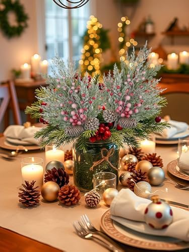 2 Pcs Christmas Artificial Pine Branches 21.2 inch Cedar Pine Stems Christmas Greenery Picks with Red Berries Pinecones Picks Spray Snowy Christmas Tree Branches for Xmas Vase DIY Craft Holiday Decor