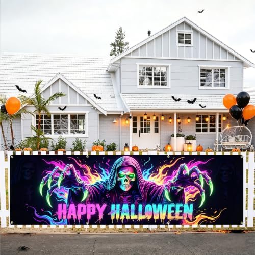 118"x35" Extra Large Happy Halloween Banner Big Spooky Halloween Backdrop for Giant Outdoor Yard Easy Hang with Ropes&Grommets–Perfect for Fence, Porch, Garden, Haunted House Party Signs (Neon Reaper, 118"x35")