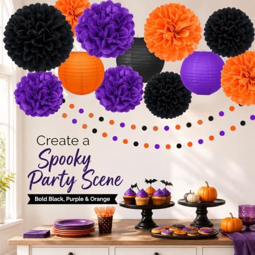 14 Pcs Halloween Party Decorations, Black Purple Orange Pom Poms, Lanterns