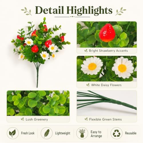 6 Pcs Artificial Strawberry Branches, Artificial Eucalyptus Flower Stems with Berries, Faux Greenery Daisy Picks for Vase Wreath Wedding Home Decor