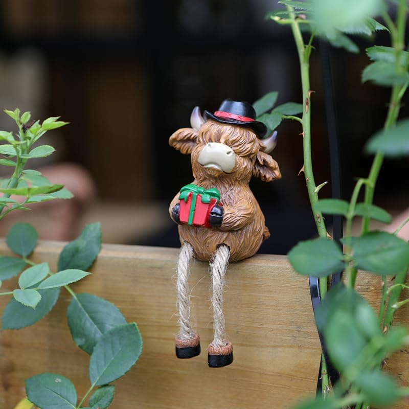 2-piece set Highland Cow Pot Huggers for Planters, Climbing Highland Cow Flower Pot Hugger, Hanging Plant Decorations for Pots, Cute Plant Pot Decorations for Home Garden Yard (Long-legged Highland)