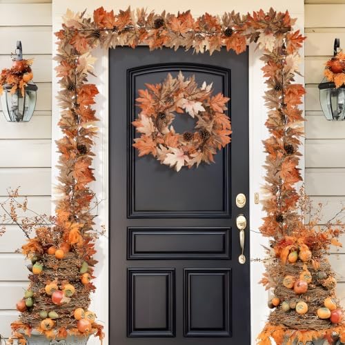 6 Ft Fall Garland with Lights & Timer, Thanksgiving Fireplace Mantel Decor