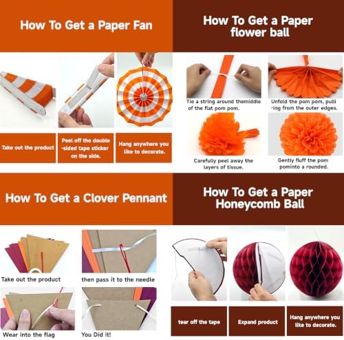 24 Pcs Fall Party Decorations, Burgundy Orange Paper Fans and Pom Poms Set
