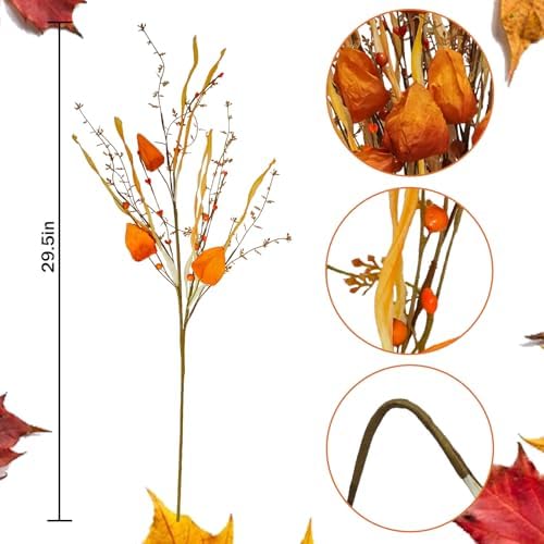 6Pcs Artificial Berry Stems 28" with Fall Flowers,Home Decor Orange