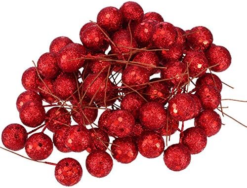 BBTO Artificial Holly Berries, 100 Pieces Mini 10 mm Fake Berries Decor on Wire for Christmas Tree Decorations Flower Wreath DIY Craft Use (Sequined Red)
