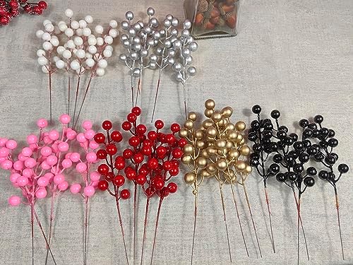 24 pcs Christmas Berries Stems Artificial Berry Stems for Christmas Tree Ornaments Crafts Holiday and Home Decor (Pink)