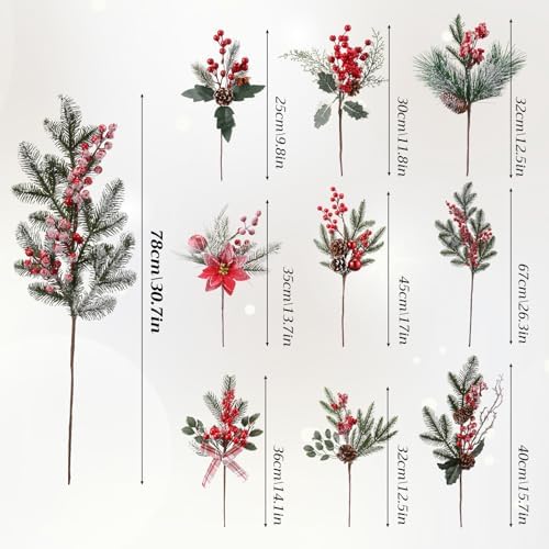 10 Christmas Berry Branches 12-30", Artificial Pine Cones Picks