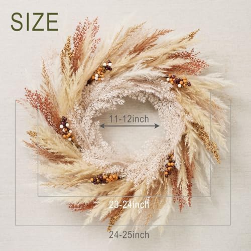 DecorbyHannah 24'' Neutral Fall Pampas Wreath with Lights for Front Door