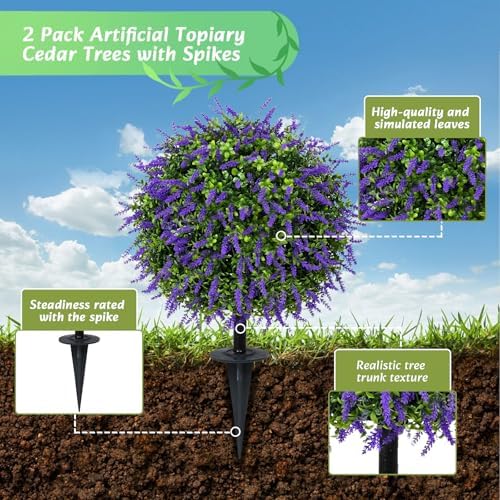 Bdor 25" Artificial Lavender Topiary Ball Trees with Ground Spike, Set of 2
