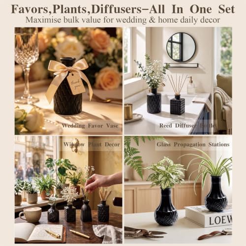 Black Glass Bud Vase Set of 12 Pcs,Small Bud Vases in Bulk,Glass Crystal Flower Vases Table Centerpieces for Party Event Wedding Decor Baby Shower Decorations (Classic Black, 12 Pcs)