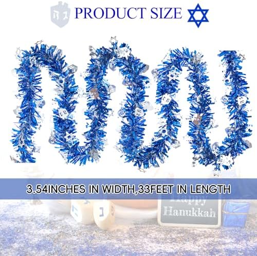 33ft Hanukkah Tinsel Garland, Blue Silver Metallic Twisted Tinsel Garland with Dreidel Star of David Hanging Garland Decoration for Chanukah Party Tree Fireplace Mantle Home Party Decor