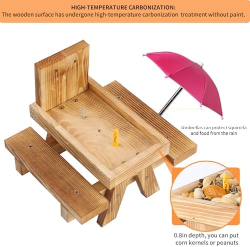 Gnodary Squirrel Feeder with Umbrella, Squirrel Feeders for Outside, Squirrel Picnic Table Feeder - Chipmunk Feeder Hold Corn, Corn Cob, Peanuts (Dark-Pink)