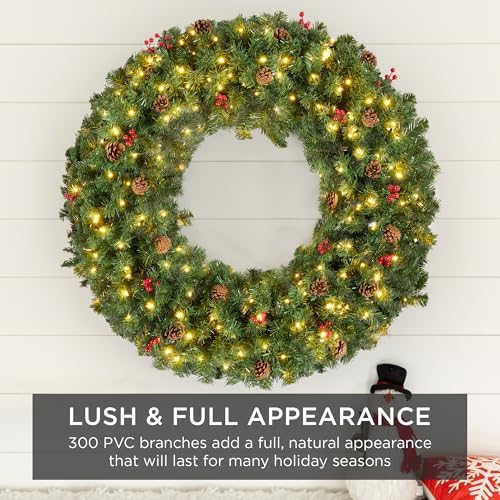 Best Choice Products 36in Pre-Lit Christmas Wreath w/Berries & Pinecones, Large Artificial Indoor/Outdoor Decor for Door, Mantel, Plug-in