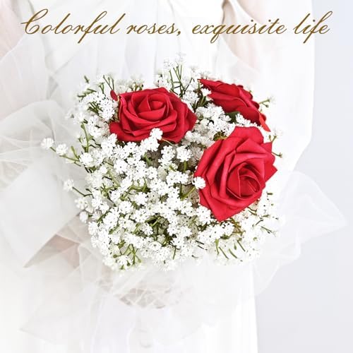 BLEUM CADE 36Pcs Artificial Flowers Fake Foam Roses with Stems for Wedding
