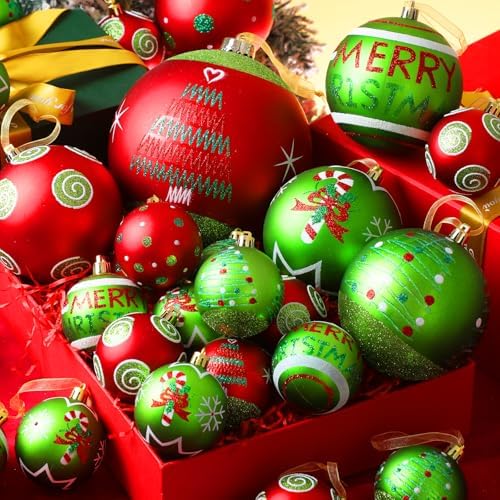 Lanpn 6Pcs 4" Large Outdoor Christmas Ornaments, Xmas Tree Elf Swirl Ball Decoration, Big Red Green Christmas Ornament, Giant Glittering String Ball Plastic Hanging Decor for Lawn Yard Holiday Party